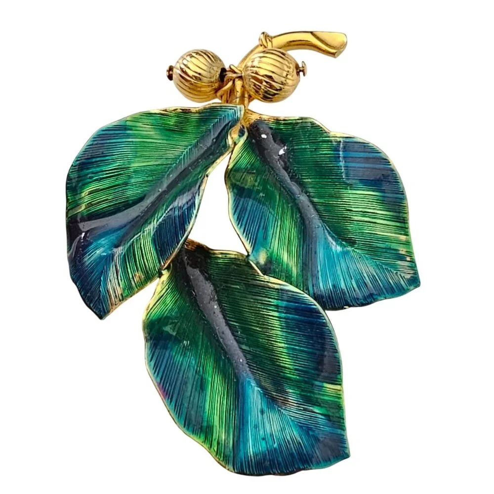 Blue Green Vintage Leaves Brooch Brass Bead Enamel Wired Leaf Pin J319